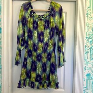Ramy Brook, mini dress, lime green & purple, off the shoulder party dress!